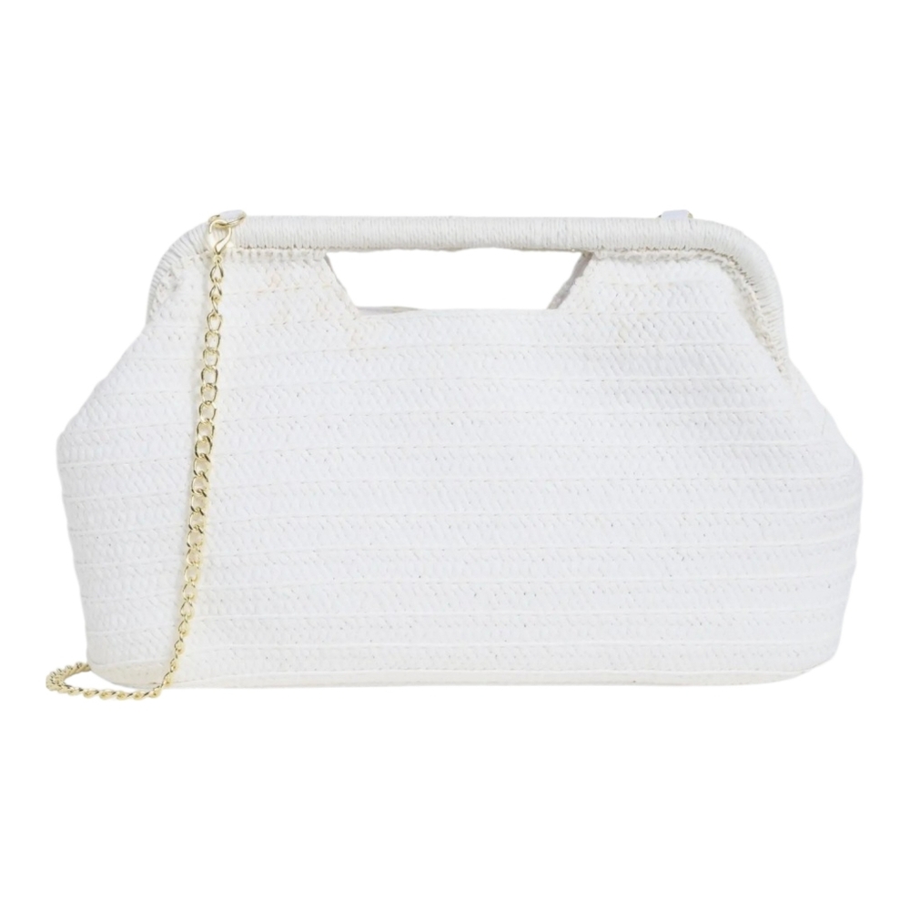 Sol and Mer White Raffia Clutch Bag w/ Removable Gold Chain Shoulder Strap